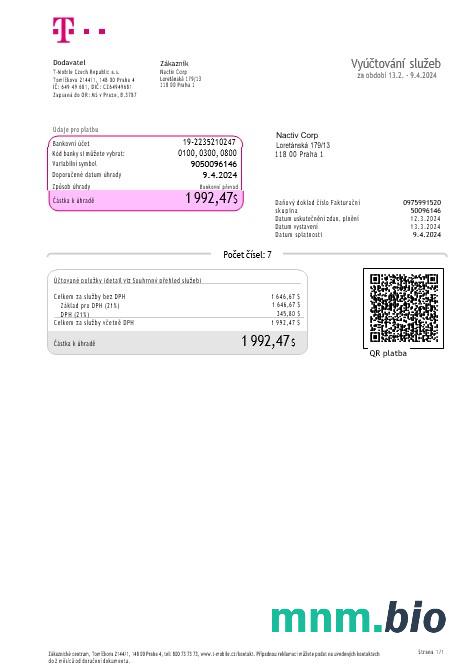 Republika Czeska T Mobile Business utility bill Word i szablon PDF